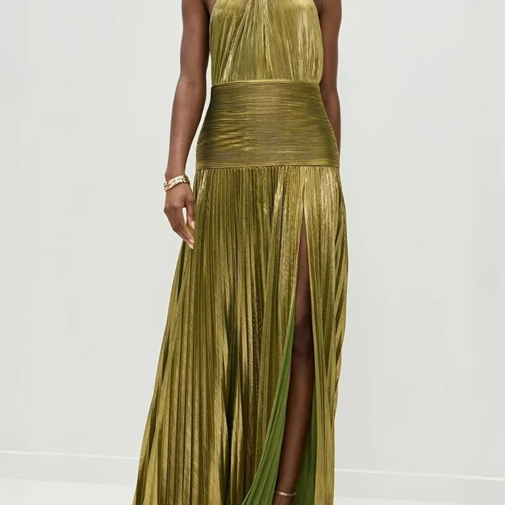 Pleated Maxi Gown | Glitter Green Halter Neck | Slit Maxi Dress - Picture 6 of 6